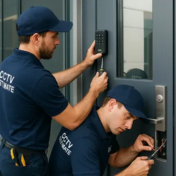Technicians installing access control intercoms and low‑voltage wiring