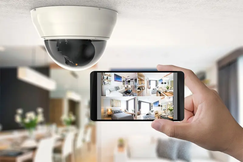 Experience Security Anywhere: An image showcasing a surveillance camera, providing peace of mind as it is viewed on a smart phone, tablet, and computer.