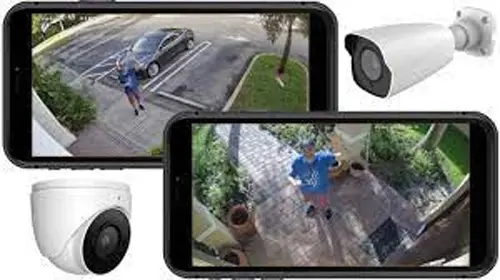 Seamless Security on Mobile: An image featuring a security camera, demonstrating its functionality and accessibility on both iPhone and Android devices.