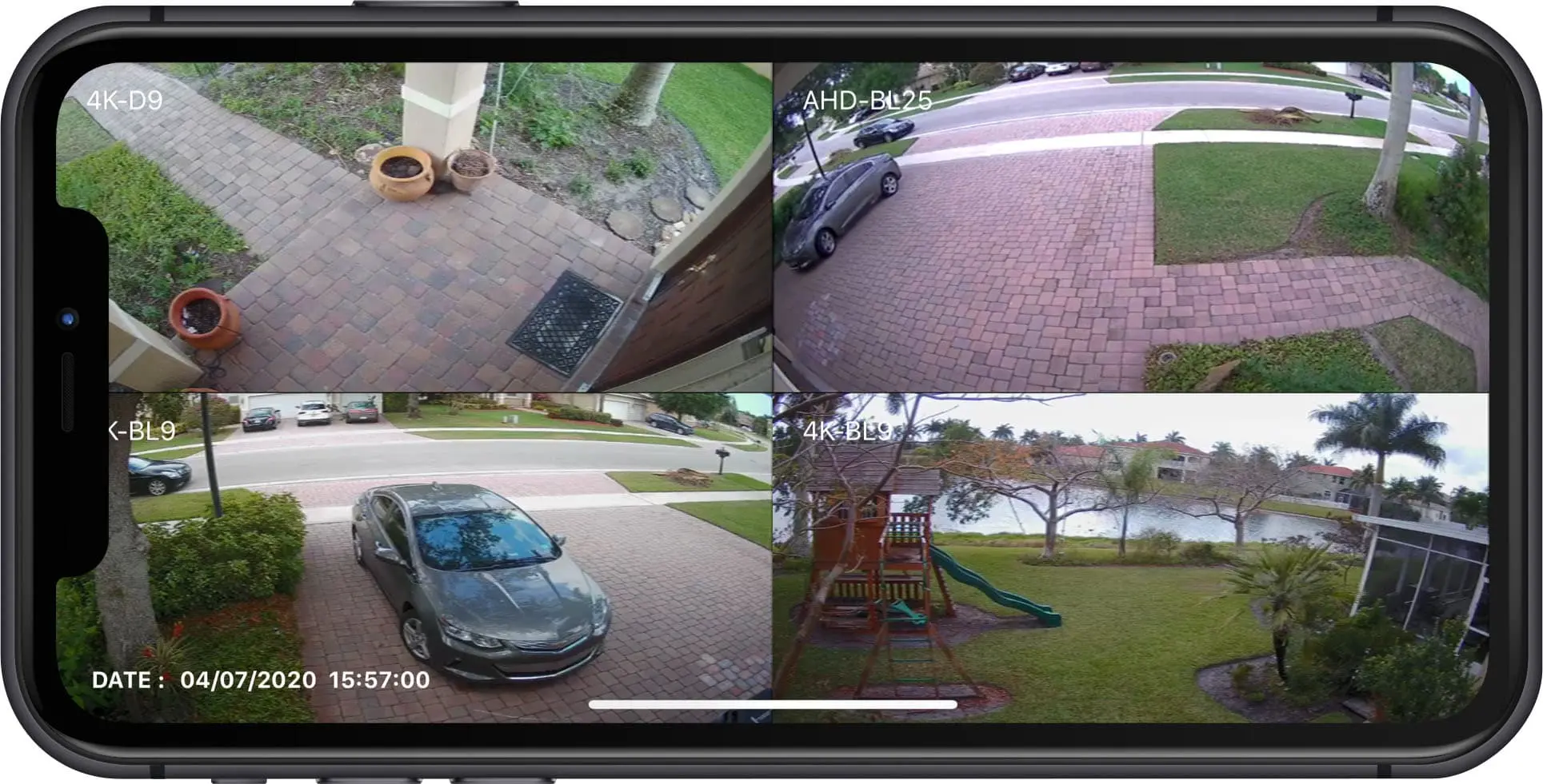 Stay Connected to Your Home Security: An image showcasing security cameras capturing the driveway, yard, and front door, with the live feed displayed on a smart phone. Monitor your property remotely and maintain peace of mind with this convenient mobile surveillance solution.